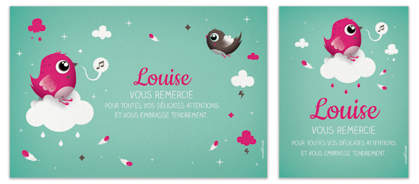carte de remerciements naissance fille garçon piou oiseaux